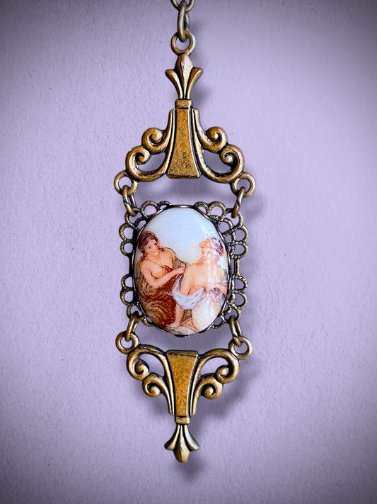 Art Nouveau Rococo Porcelain Limogé Renaissance Cameo Flourish Brass Pendant Necklace