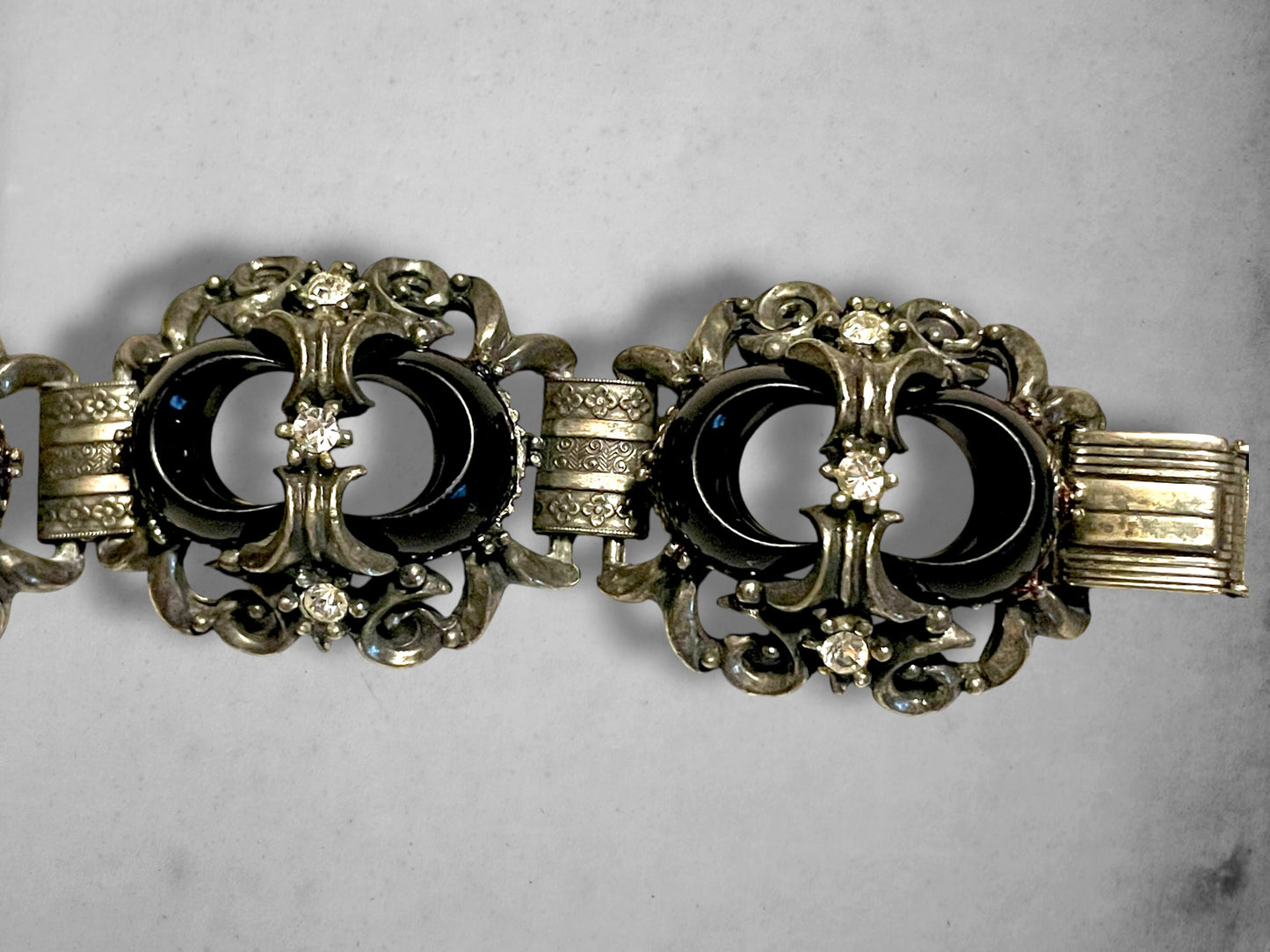 Victorian Booklink Chain Black Crescent Moon Crystal Panel Bracelet
