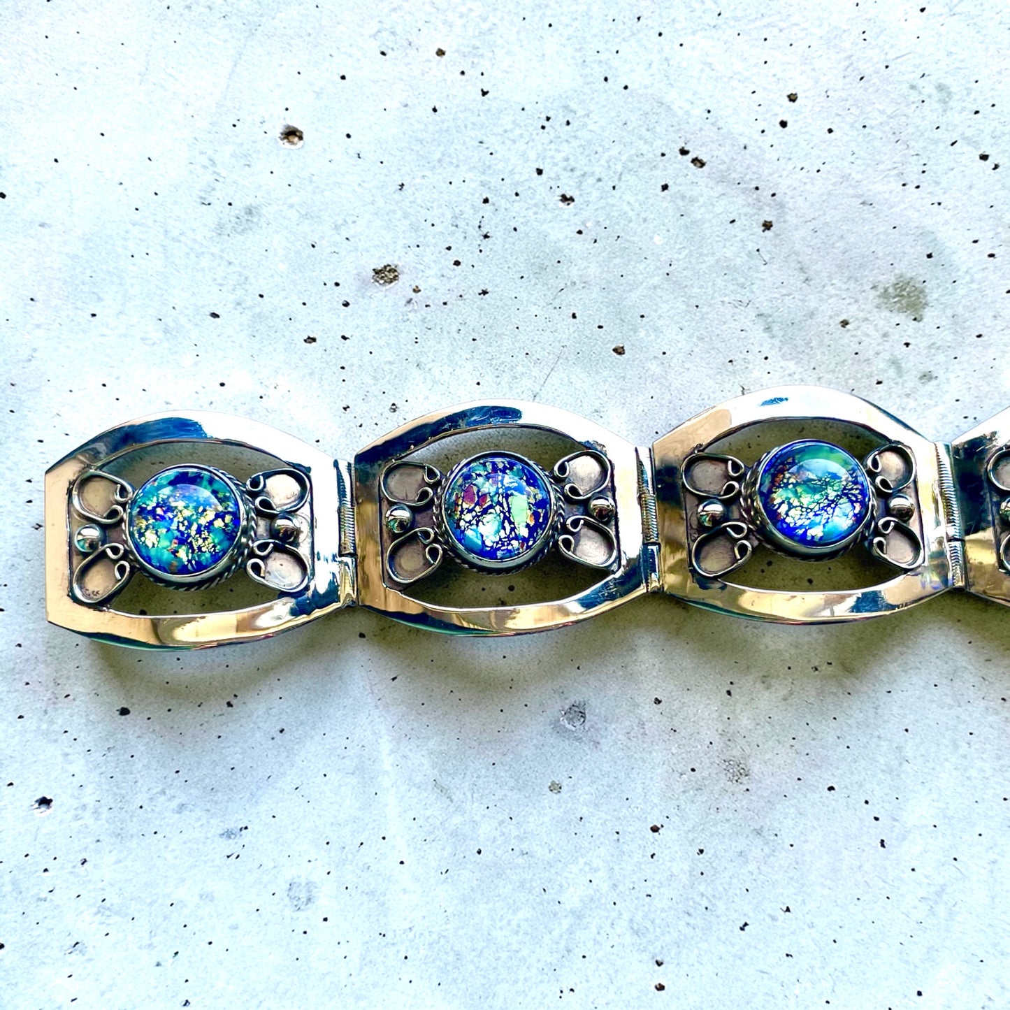 Sterling Silver Blue Green Dragons Breath Fire Opal Taxco Mexico Panel Bracelet