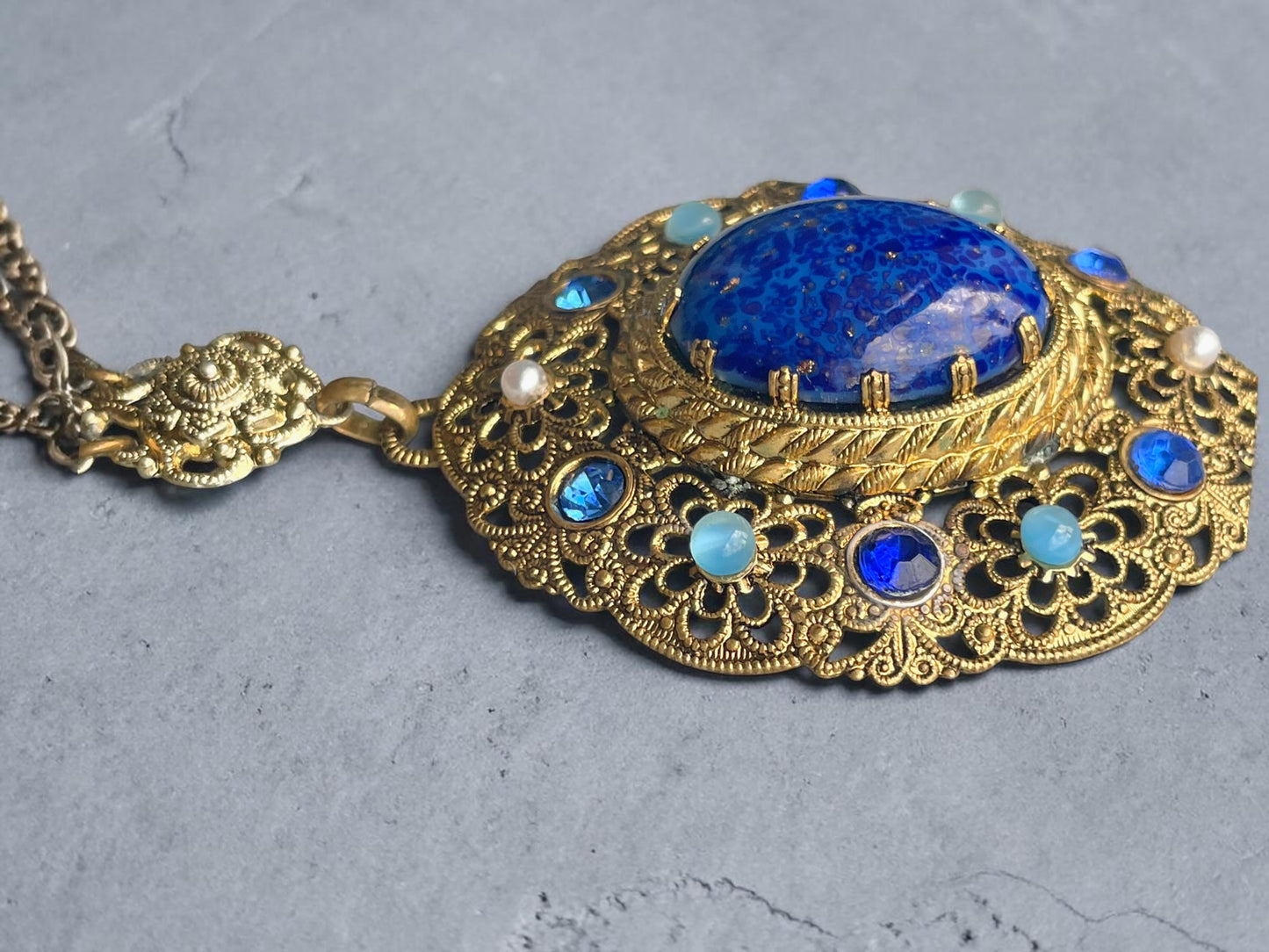 1940’s West German Gilded Brass Filigree Lapis Blue, Cats Eye Art Glass & Pearl Necklace