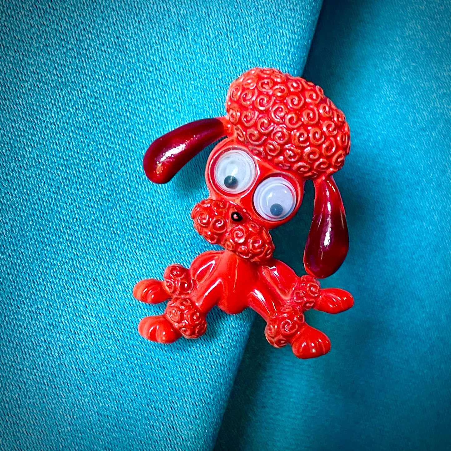 Adorable Googly Eyes Figural Orange & Red Enamel Poodle Dog Brooch