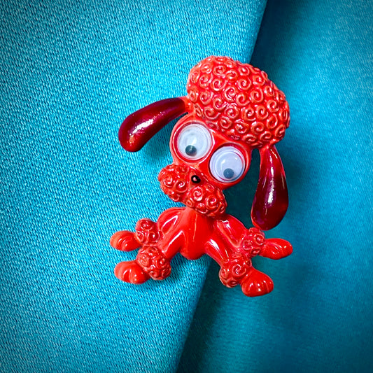 Adorable Googly Eyes Figural Orange & Red Enamel Poodle Dog Brooch