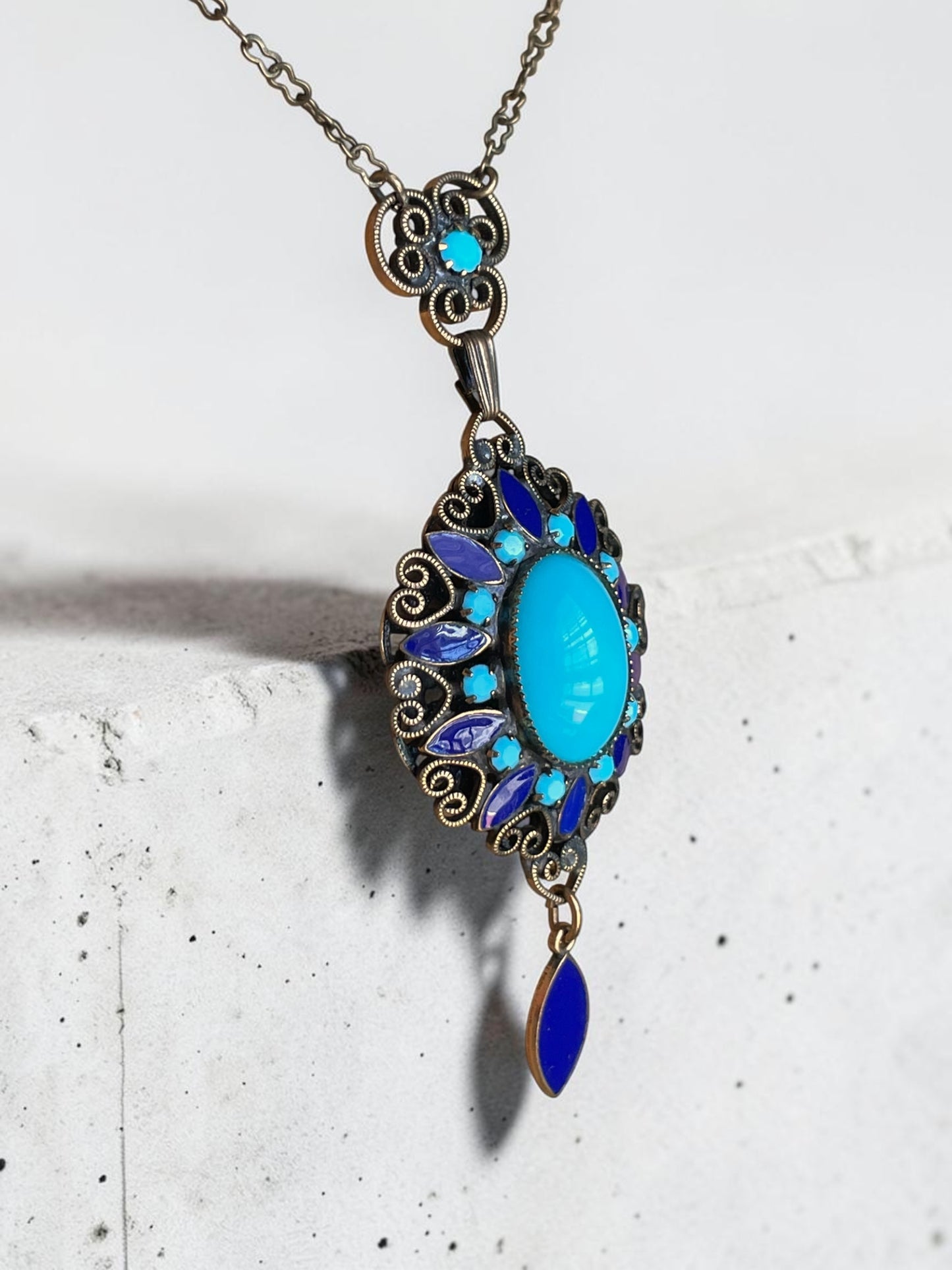 Art Nouveau Brass Filigree Turquoise Art Glass & Royal Blue Enamel Pendant Necklace