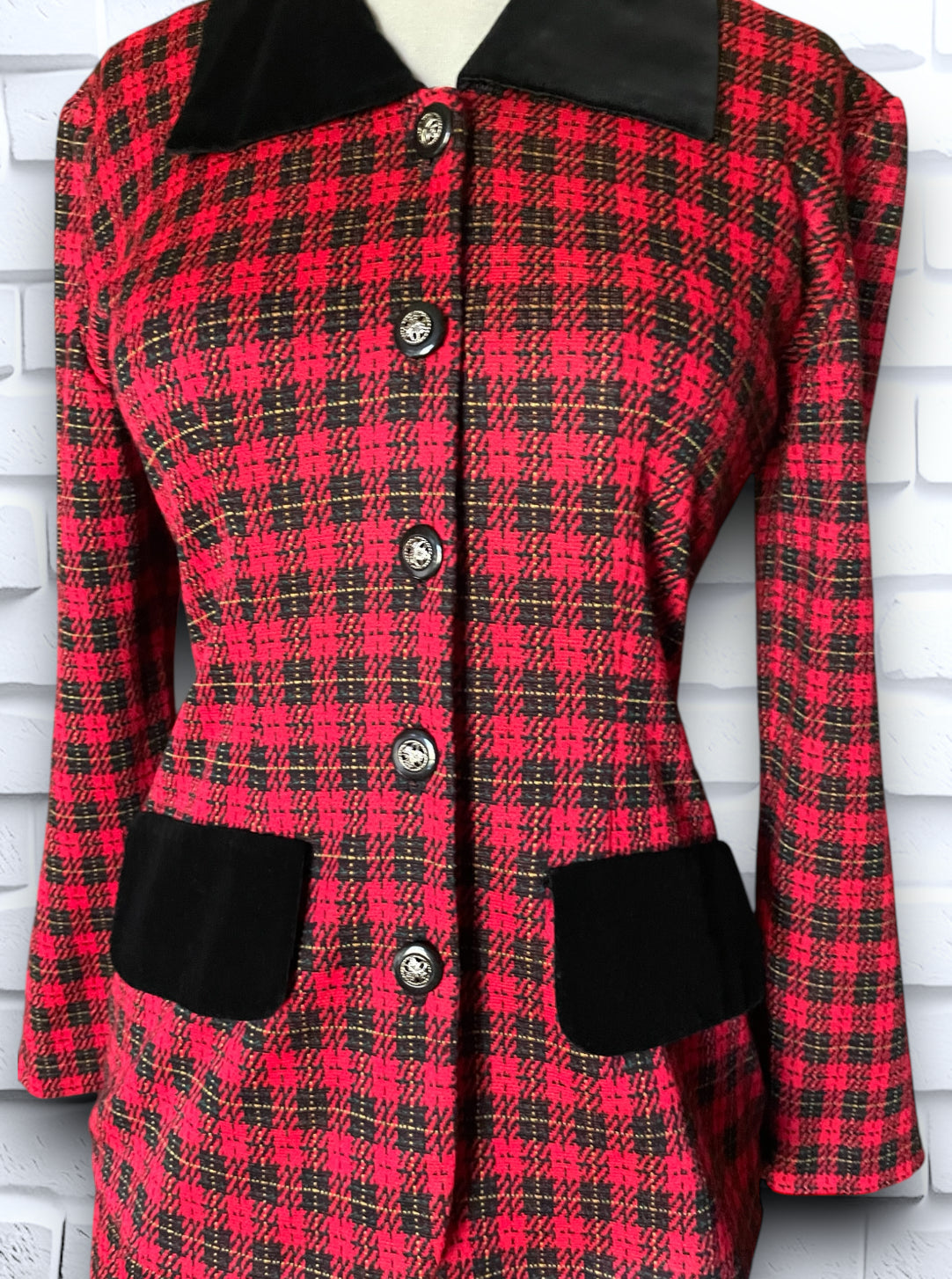 Vintage Red, Black & Yellow Plaid Skirt Suit with Black Velvet Detailing