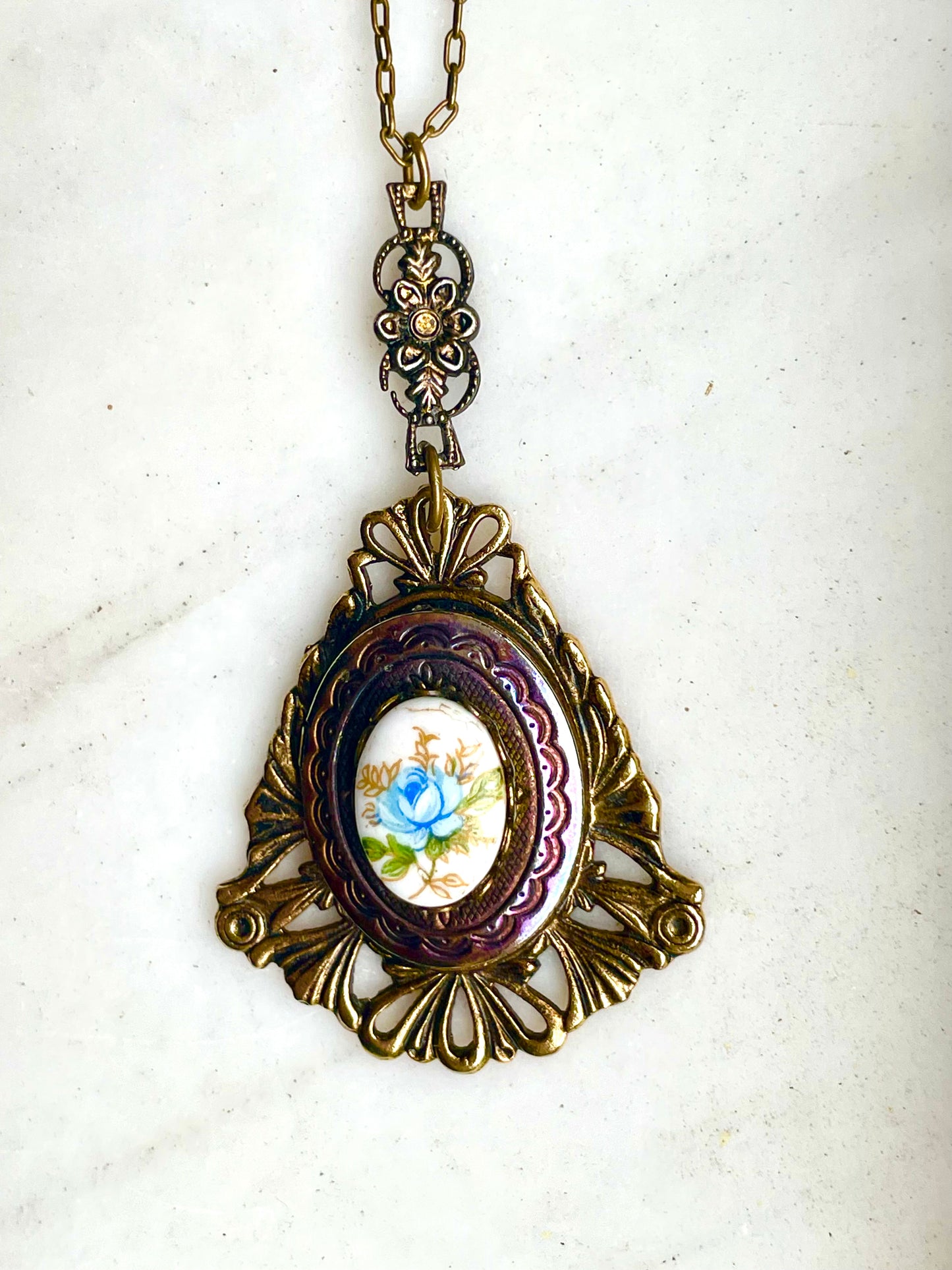 Art Nouveau Brass & Titanium Oxidized Rainbow Metal Porcelain Limogé Blue Rose Locket Necklace