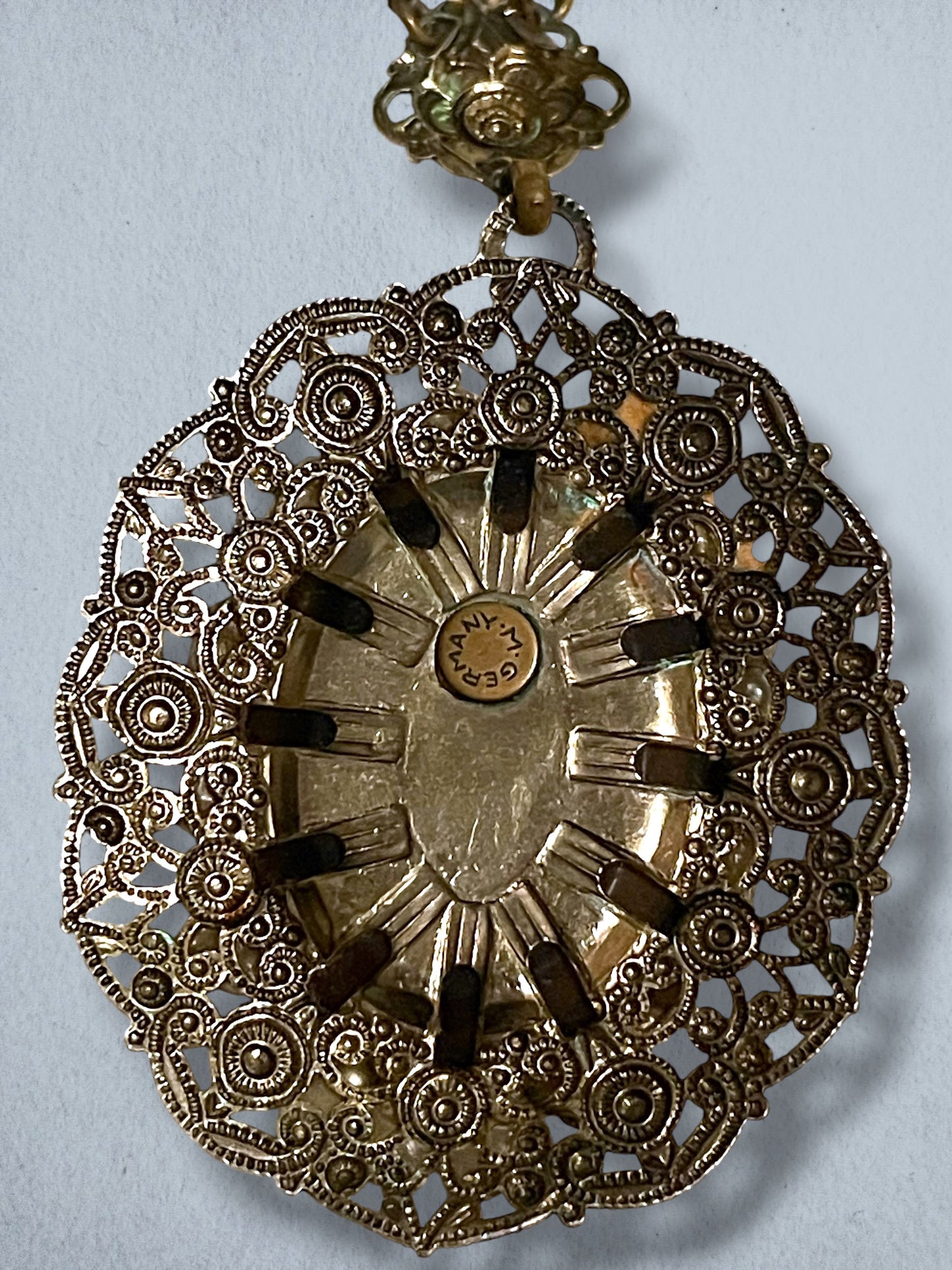 West German Amber Art Glass Cameo, Pearl Brass Filigree Necklace