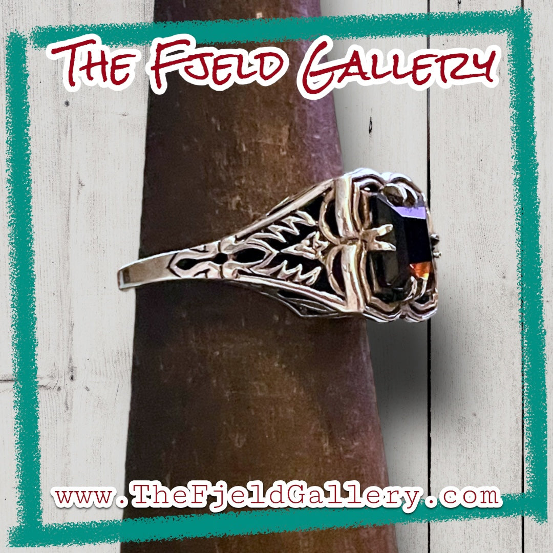 Smokey Topaz Square Gemstone Victorian Sterling Silver Filigree Ring