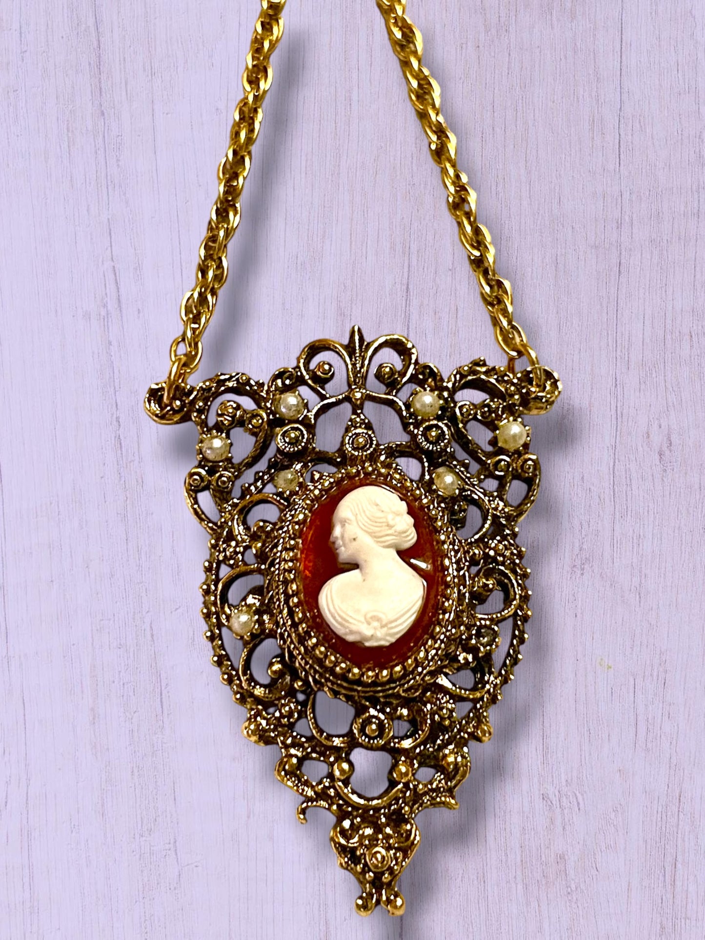 Ornate Victorian Rococo Revival Double Cameo Drop Pearl Necklace