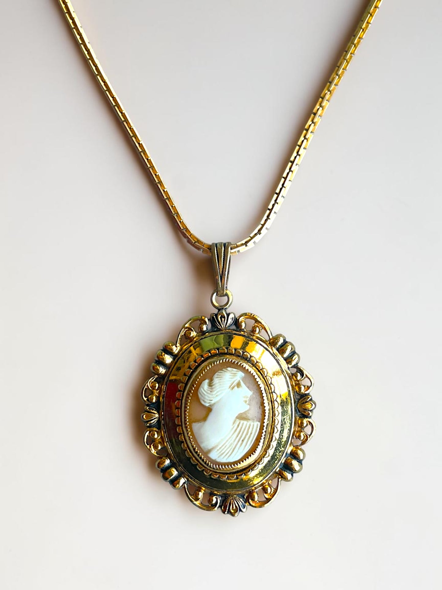 Art Nouveau Hand Carved Coral Pink Shell Cameo Photo Locket Left Facing Cameo Necklace