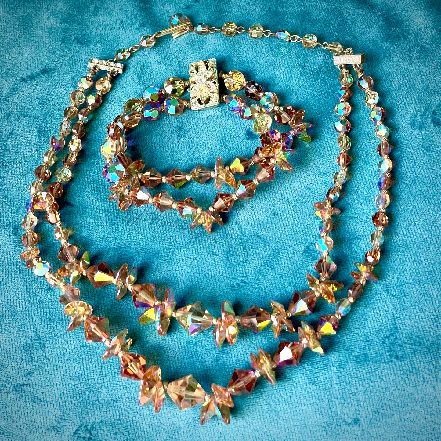 Aurora Borealis Champagne Austrian Crystal Double Strand Necklace & Bracelet Demi Parure