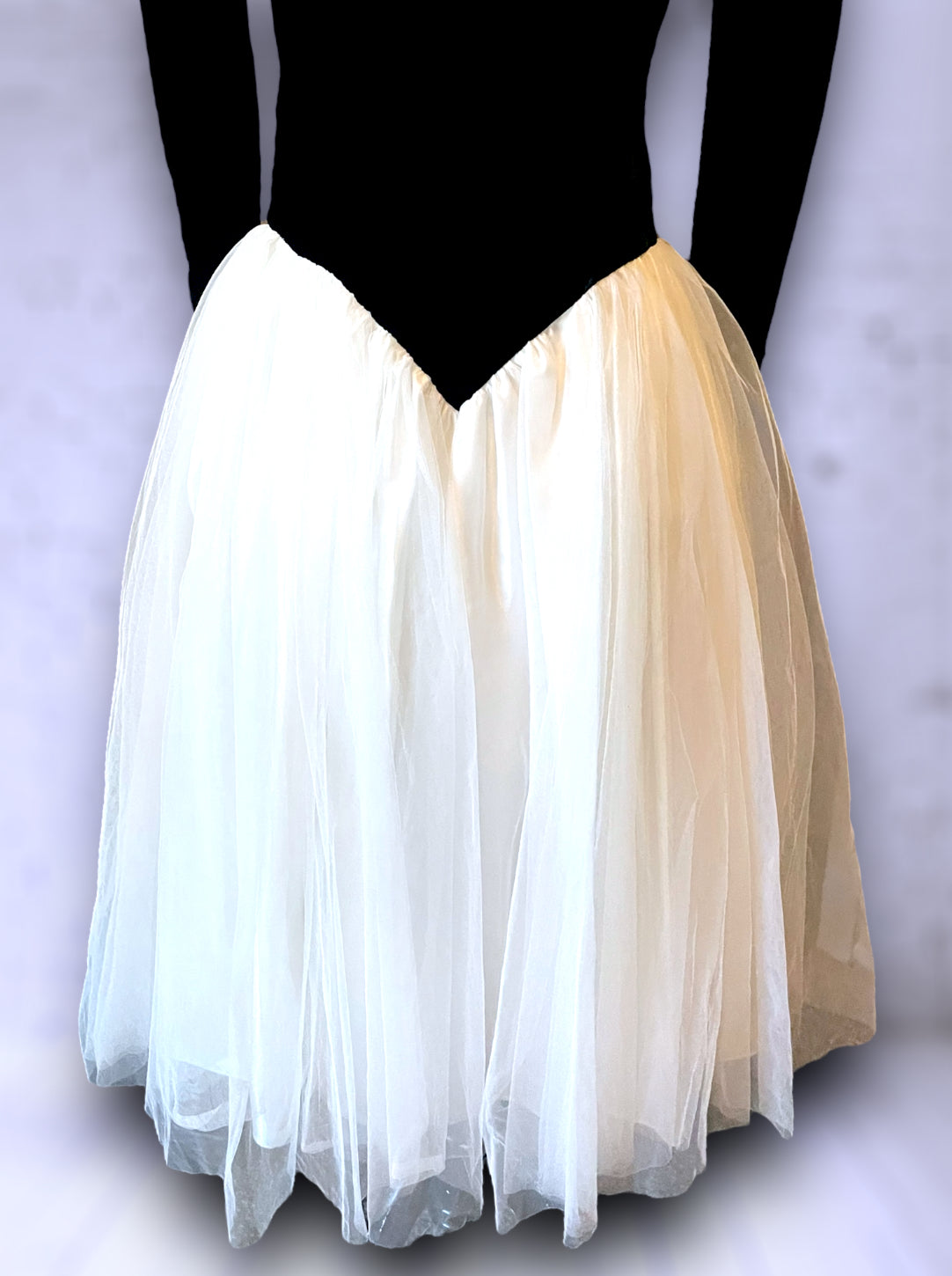 Vintage 1980’s Black Velvet & White Fluffy Bow Skirt Formal Long Sleeve Dress