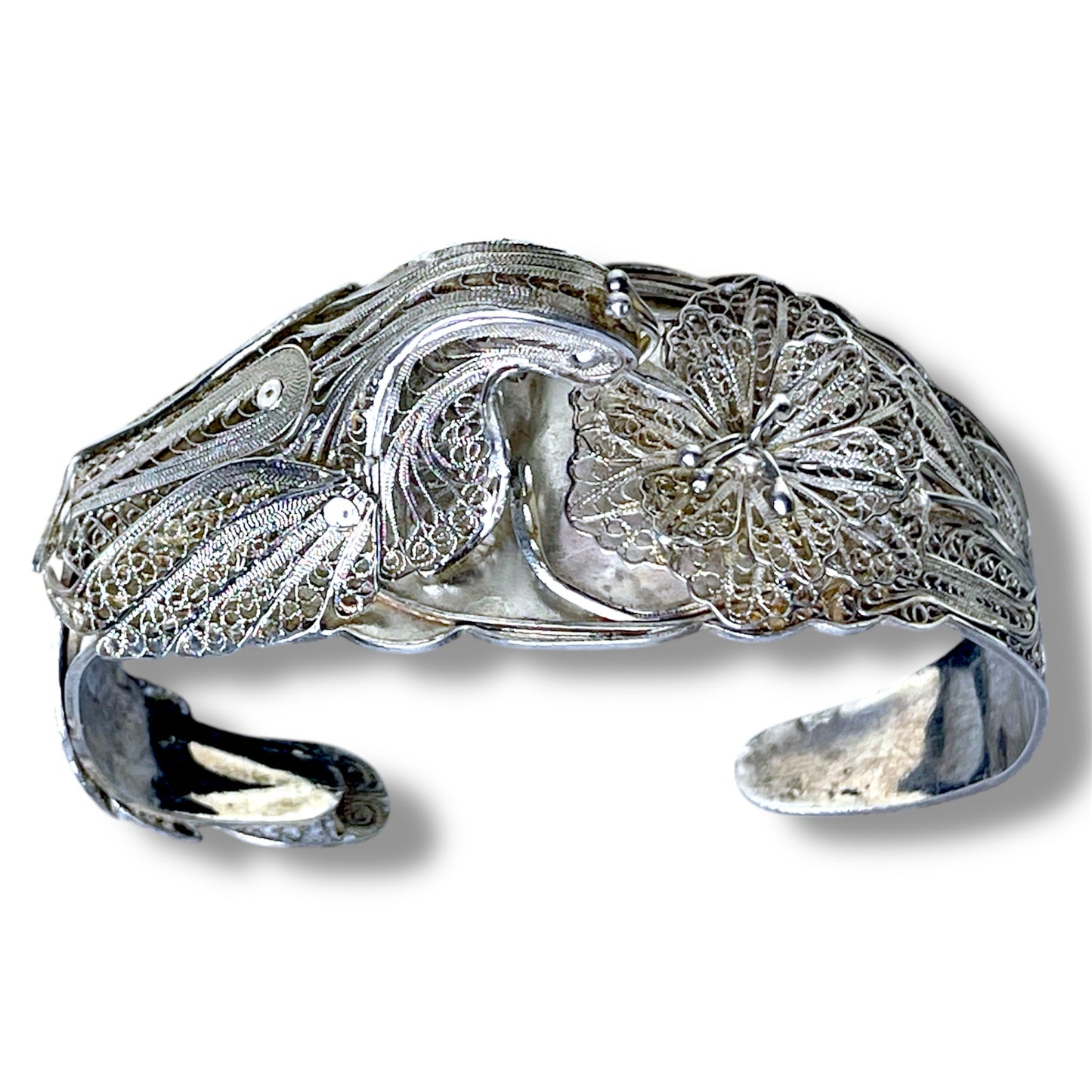 Incredible Sterling Filigree Peacock & Flower 3D Cuff Bracelet