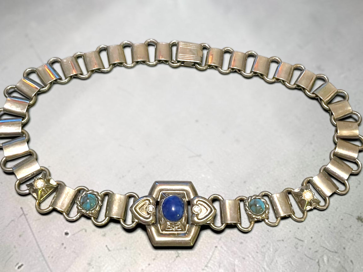 Victorian Chunky Silver Book-link Chain, Blue Lapis & Turquoise Art Glass & Crystal Rhinestone Collar Necklace