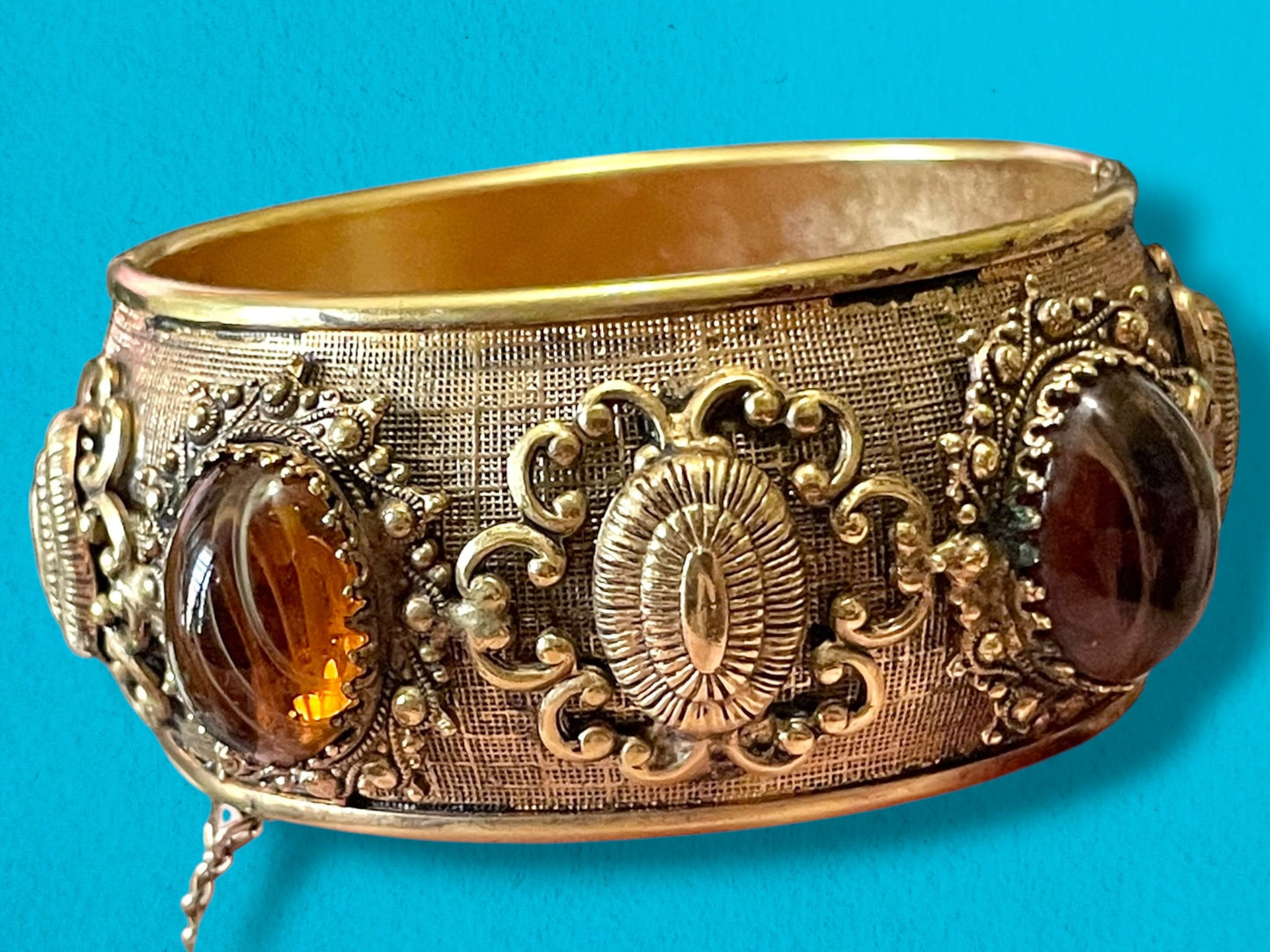 Ornate Amber Marble Art Glass Brass Domed Hinged Bangle Bracelet