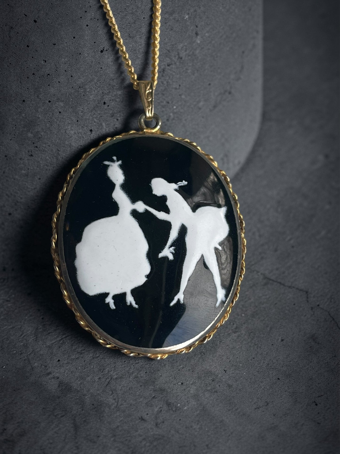 Incredible Victorian Black & White Porcelain Courting Couple Locket Necklace