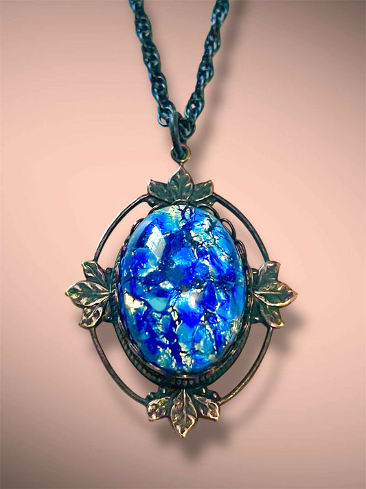 Art Nouveau Blue Dragons Breath Fire Opal Foul Art Glass in Brass Leaf Pendant Necklace