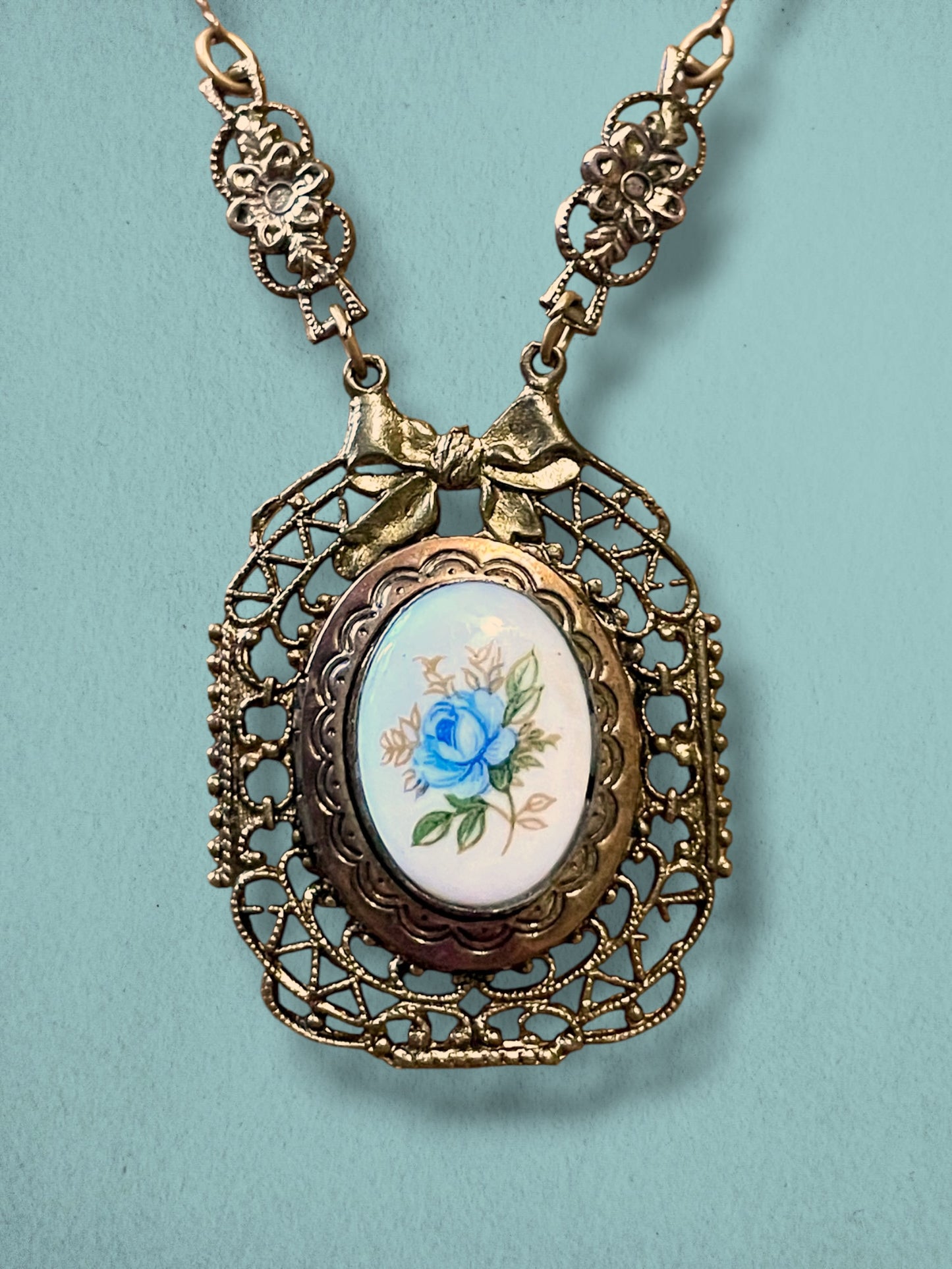 Art Nouveau Brass Filigree Blue Rose Porcelain Limoge Locket Necklace
