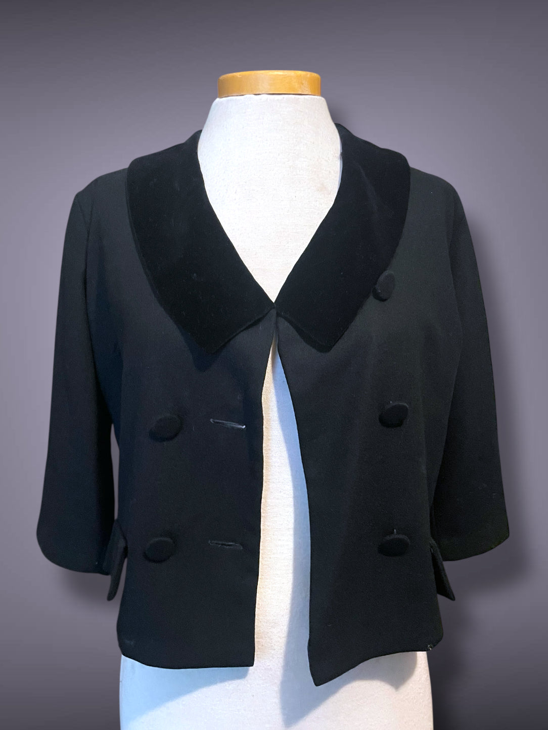 1930’s Black Velvet Collar Double Breasted Crop 3/4 Sleeve Jacket