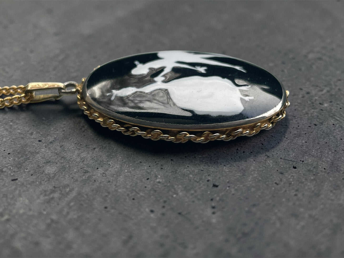 Incredible Victorian Black & White Porcelain Courting Couple Locket Necklace