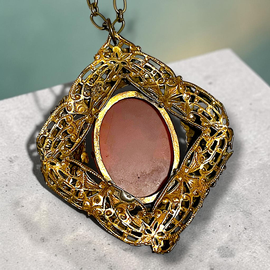 Huge Red & Black Art Glass Cameo Gilded Brass Repoussé Art Nouveau Floral Frame Pendant Necklace