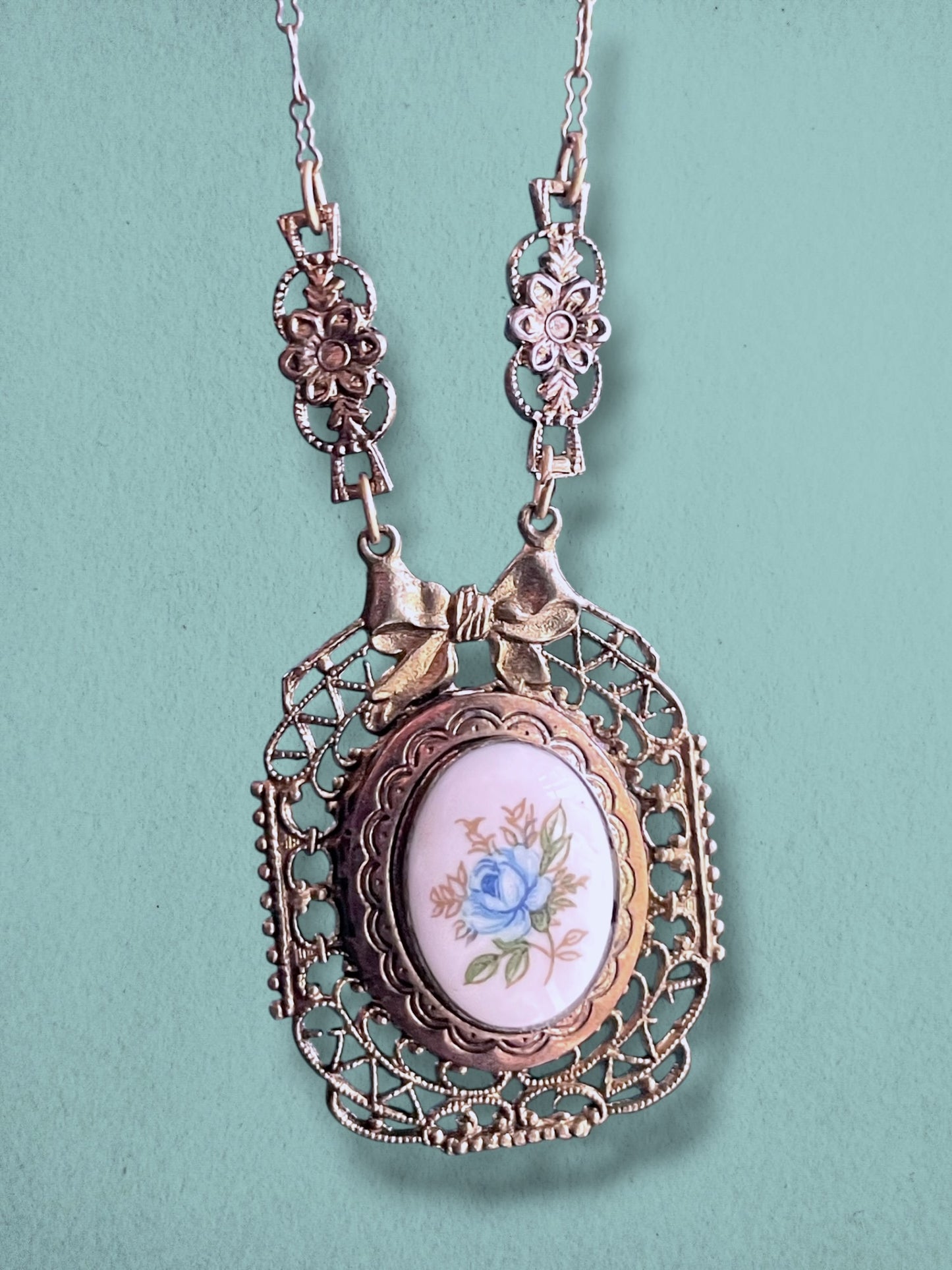 Art Nouveau Brass Filigree Blue Rose Porcelain Limoge Locket Necklace