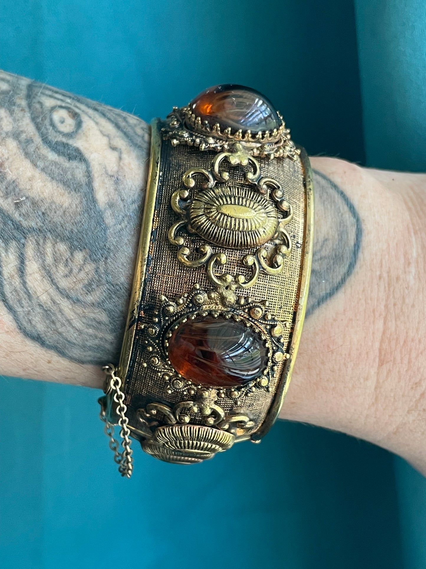 Ornate Amber Marble Art Glass Brass Domed Hinged Bangle Bracelet