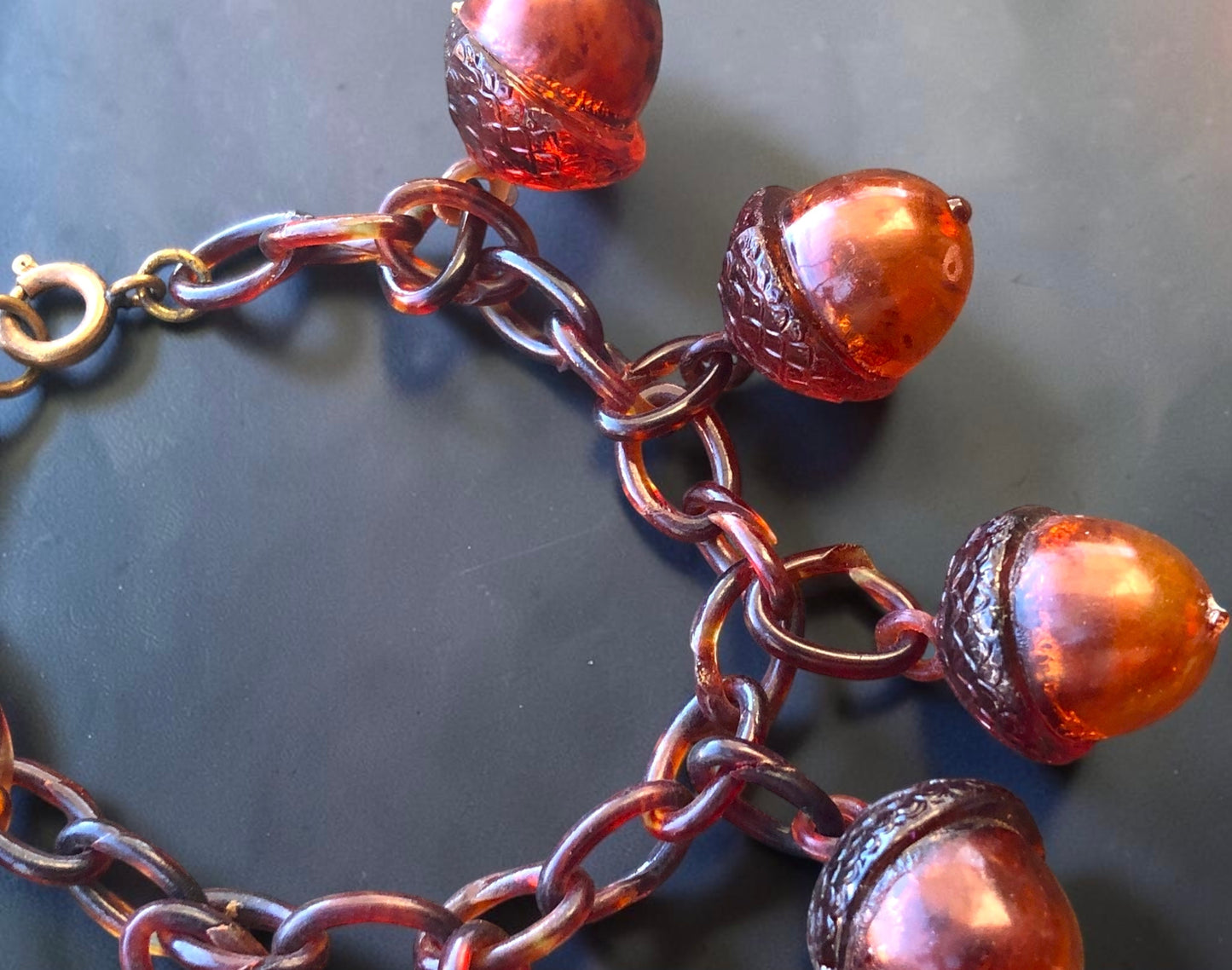 Antique Art Nouveau Early Plastic Hollow Tortoise Shell Acorn Charm Bracelet