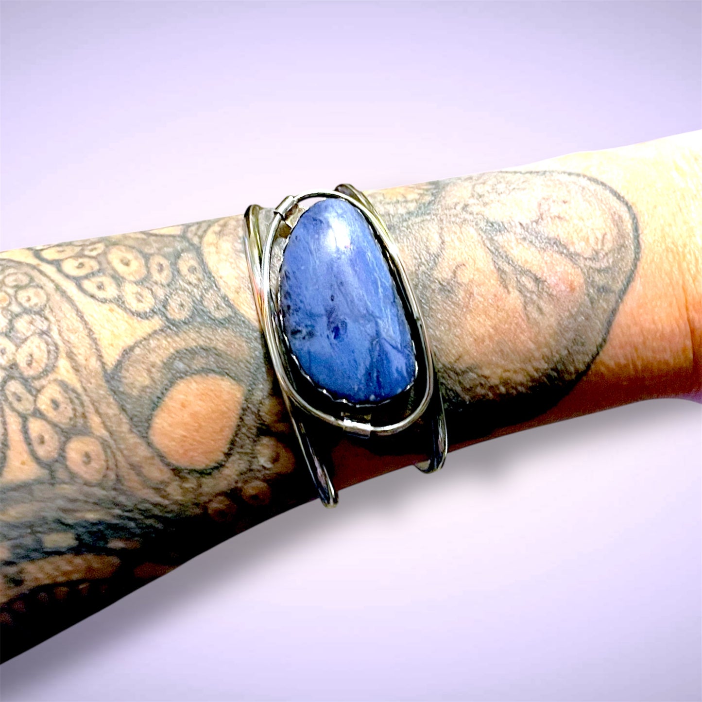 Antique Sterling Silver Sodalite Gemstone Free Bezel Set Chunky Cuff Bracelet