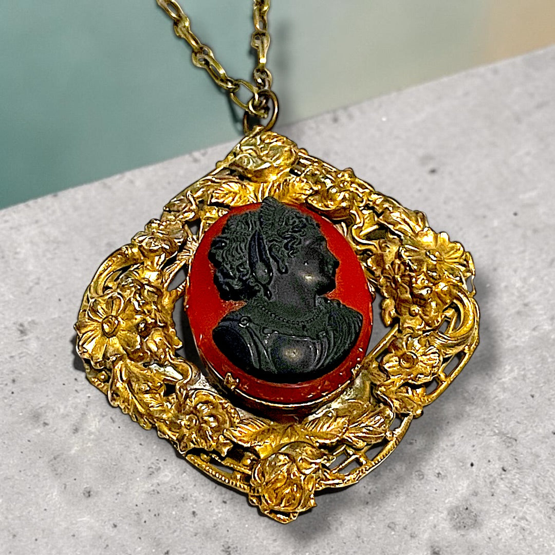 Huge Red & Black Art Glass Cameo Gilded Brass Repoussé Art Nouveau Floral Frame Pendant Necklace