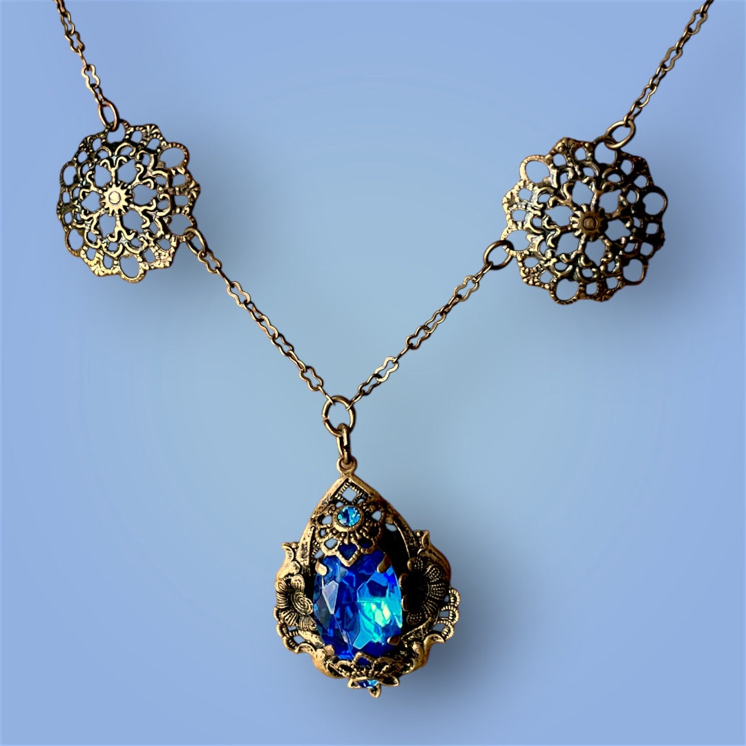 Art Nouveau Czechoslovakian Brass Filigree Royal Blue Crystal Necklace