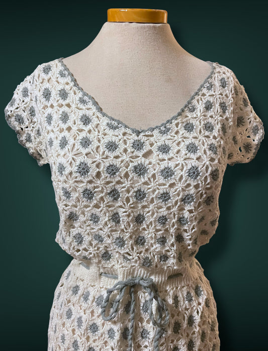 1970’s Vintage White & Gray Crochet Knit Floral Bow Waist Dress