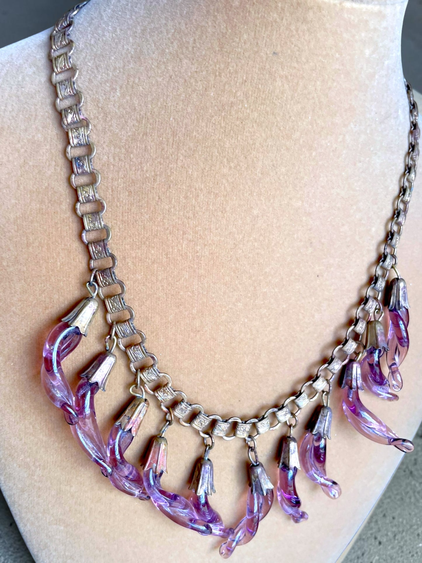 Victorian Book-link Chain Purple Twisted Eggplant Czech Art Glass Festoon Bib Necklace