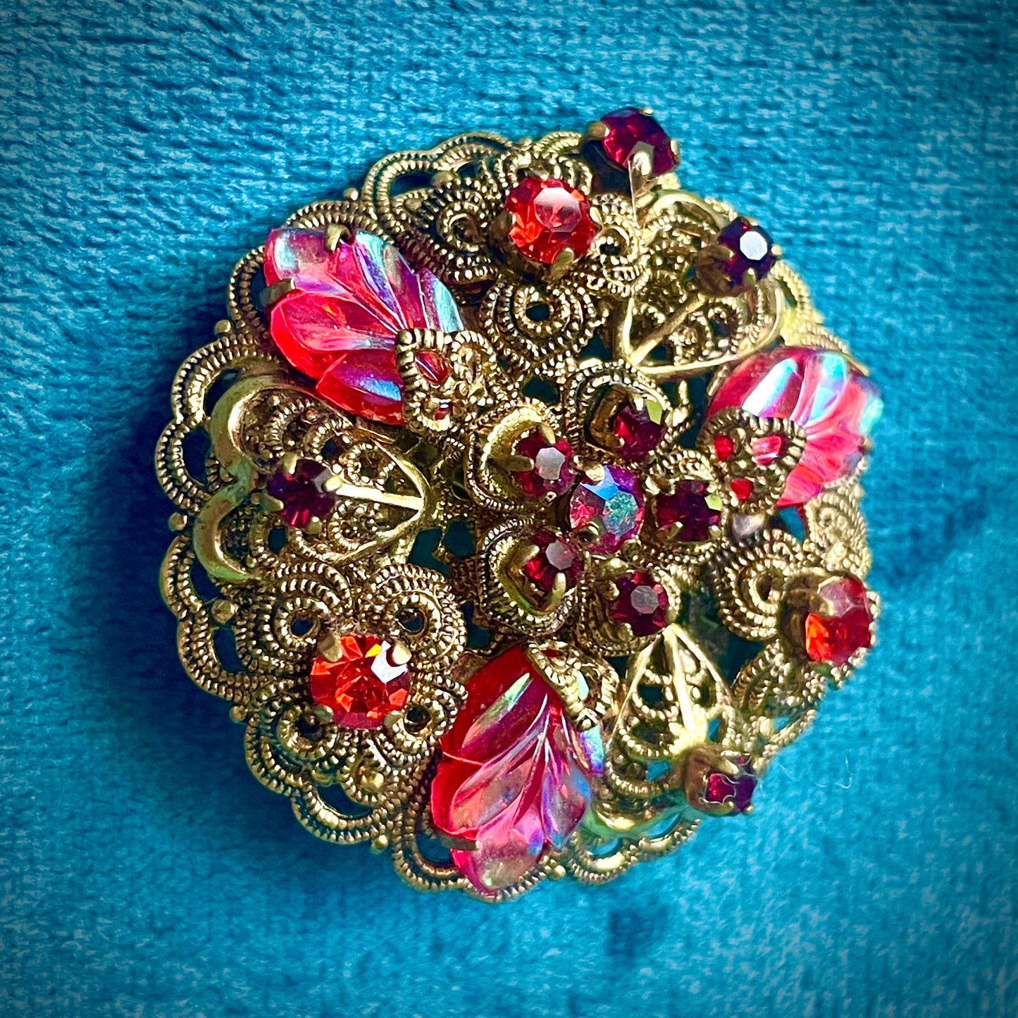 Red Carnival Art Glass Leaf & AB Crystal West German Brass Filigree Brooch