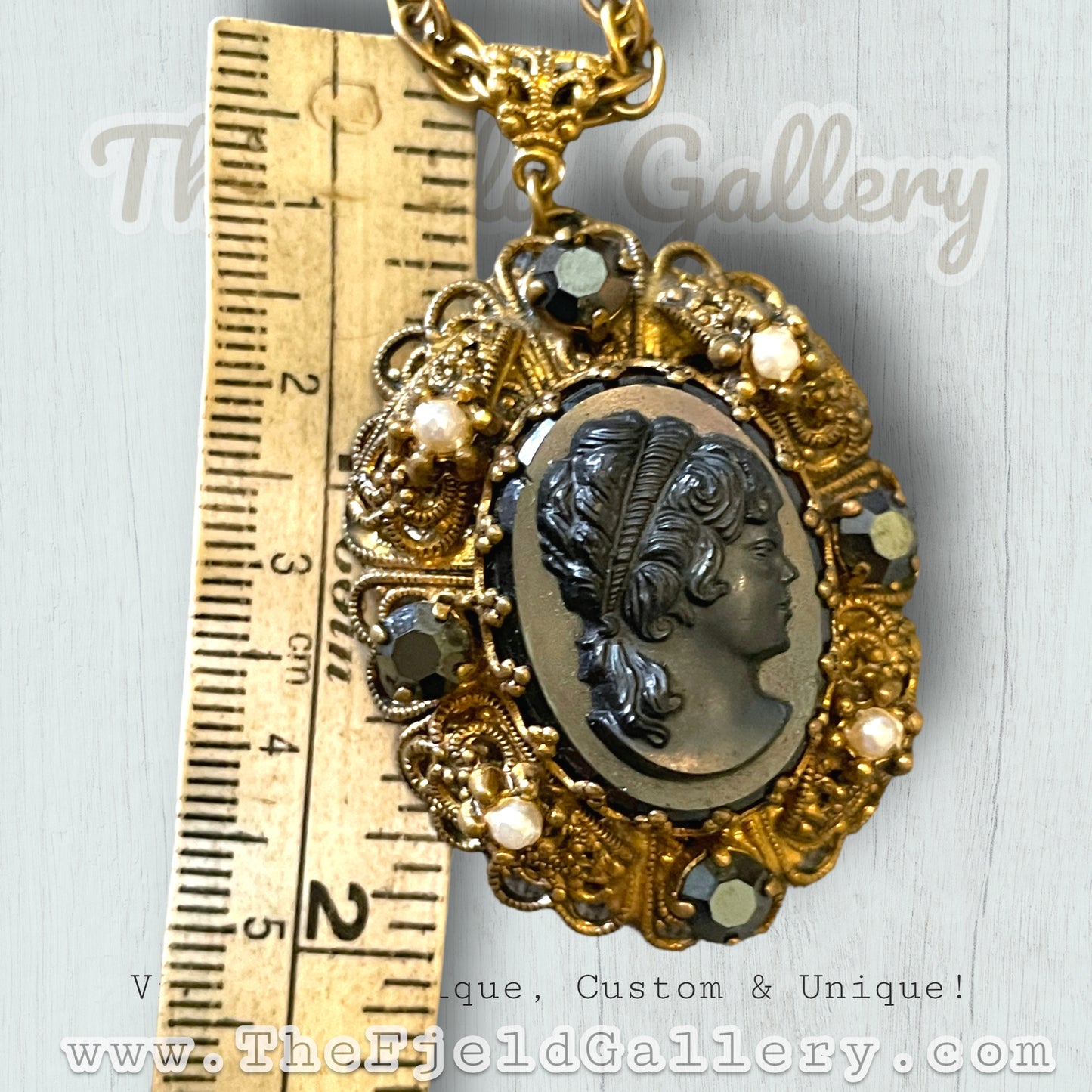 Wet German Black Hematite Glass Cameo with Pearls & Black Crystals Bezel Set in Gold Brass Filigree