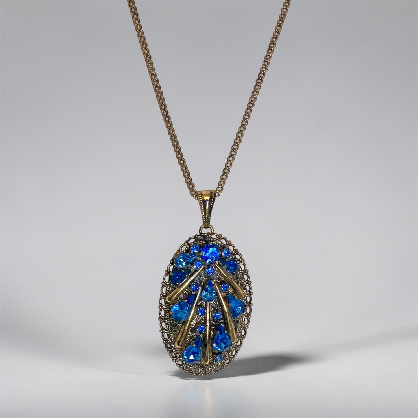 Antique Czech Brass Filigree Sapphire Prong Set Blue Crystal Pendant Necklace