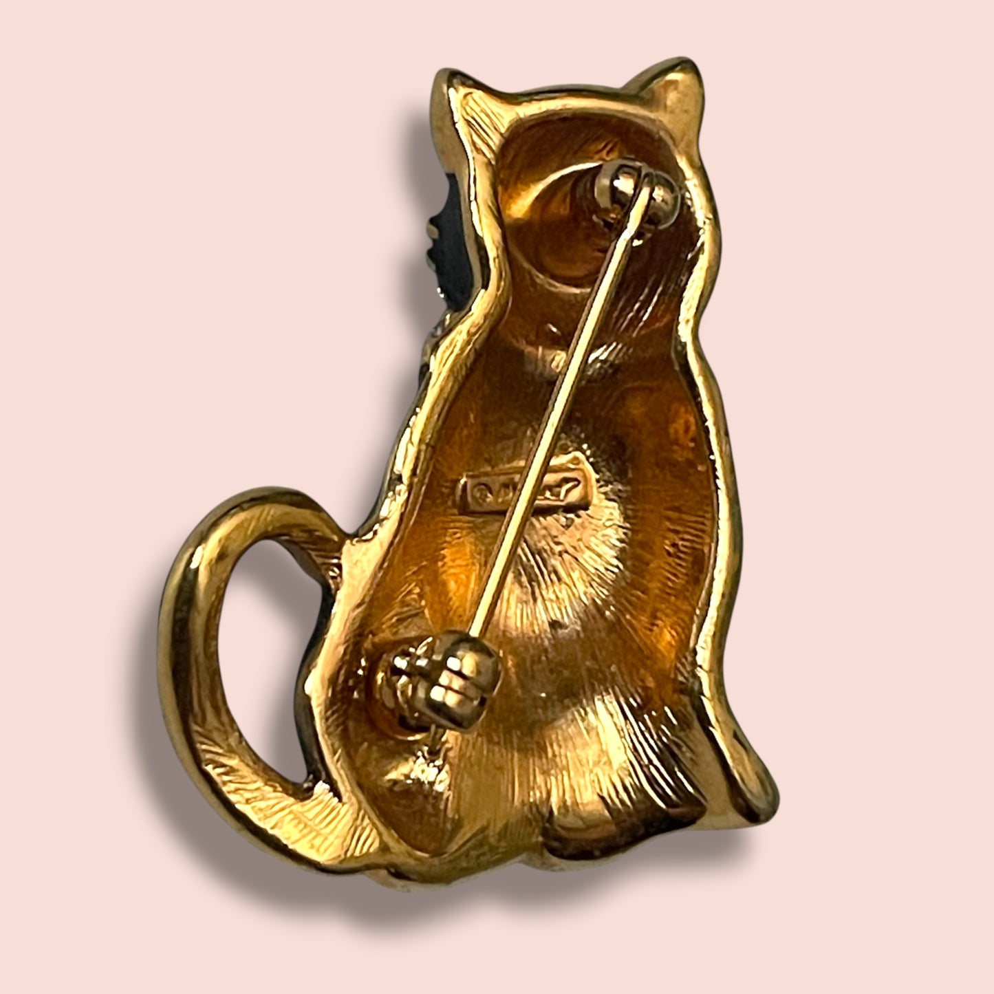 Adorable Vintage Black Cat Brooch with Green Crystal Eyes & Collar