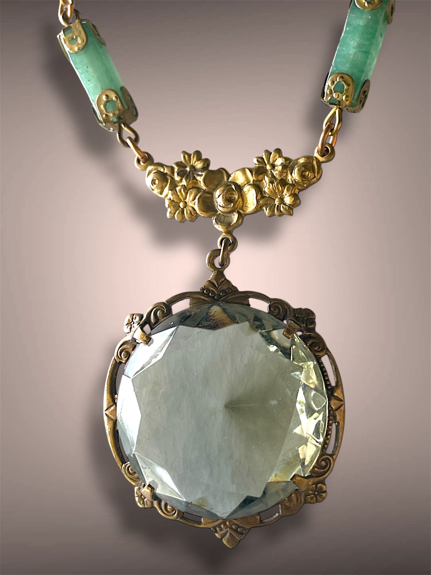 Gorgeous Antique Smokey Green Czech Art Glass Brass Floral Jade Gemstone Necklace