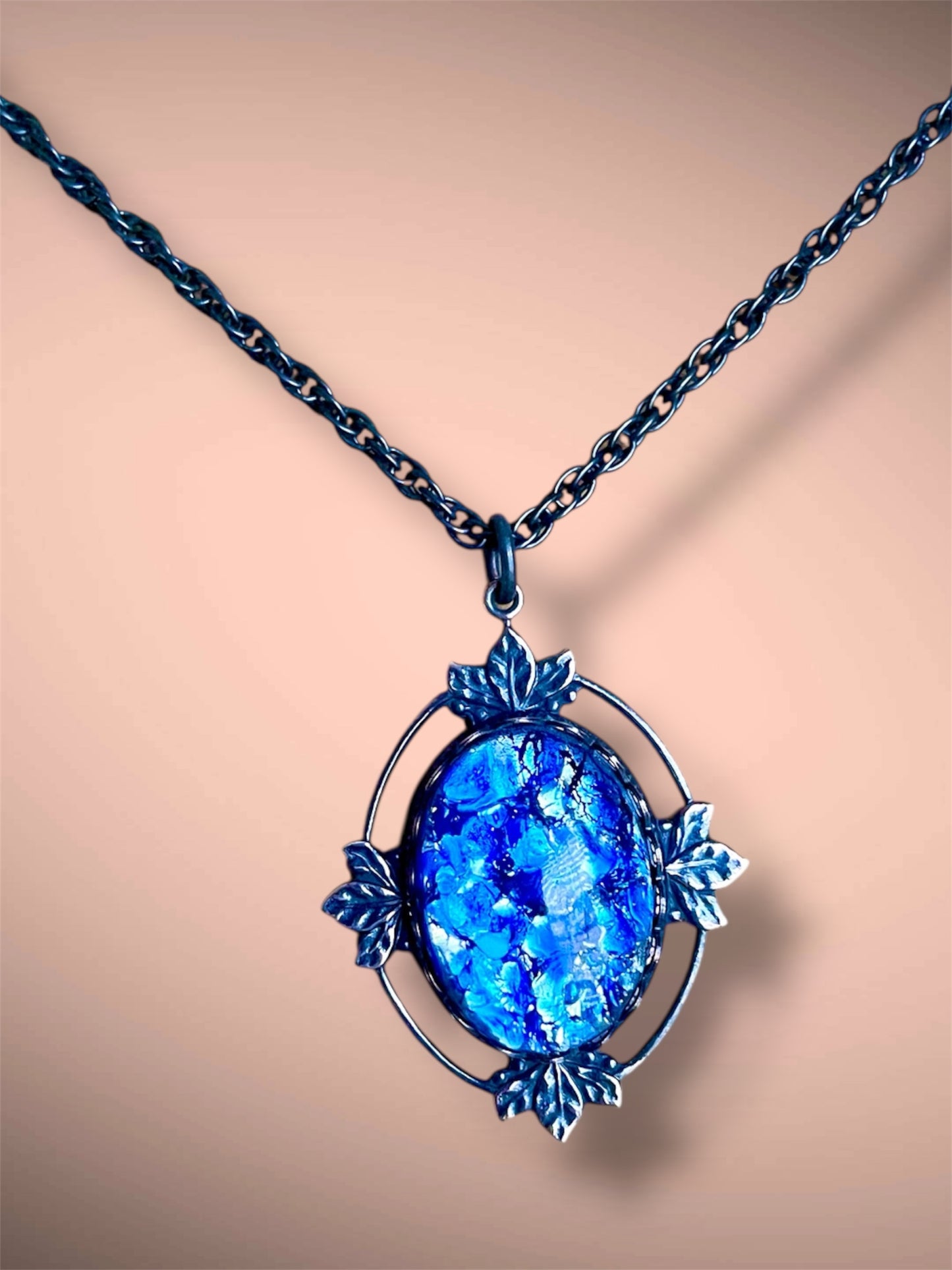 Art Nouveau Blue Dragons Breath Fire Opal Foil Art Glass Brass Pendant Necklace