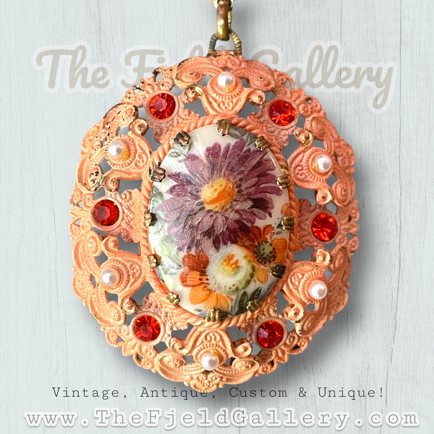 West German Floral Cameo Limogé Pink Enamel Brass Necklace with Pearls & Ruby Crystal