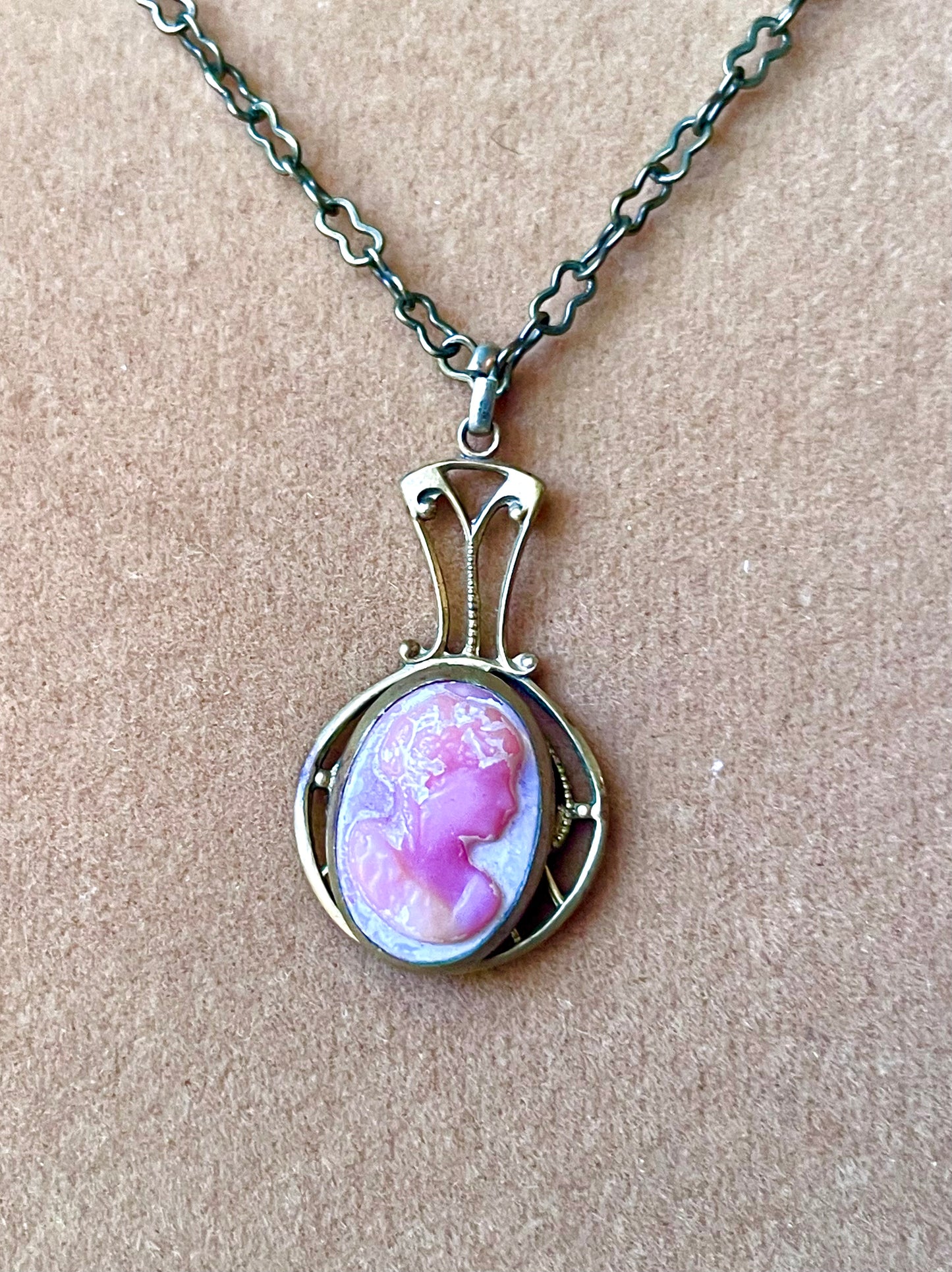 Delicate Pink & White Art Glass Cameo in Brass Art Nouveau Setting Necklace