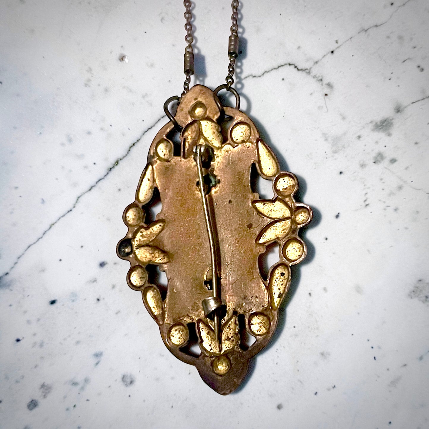 Czech Brass Green Peking Art Glass Yellow & Green Enamel Brooch Pendant Necklace