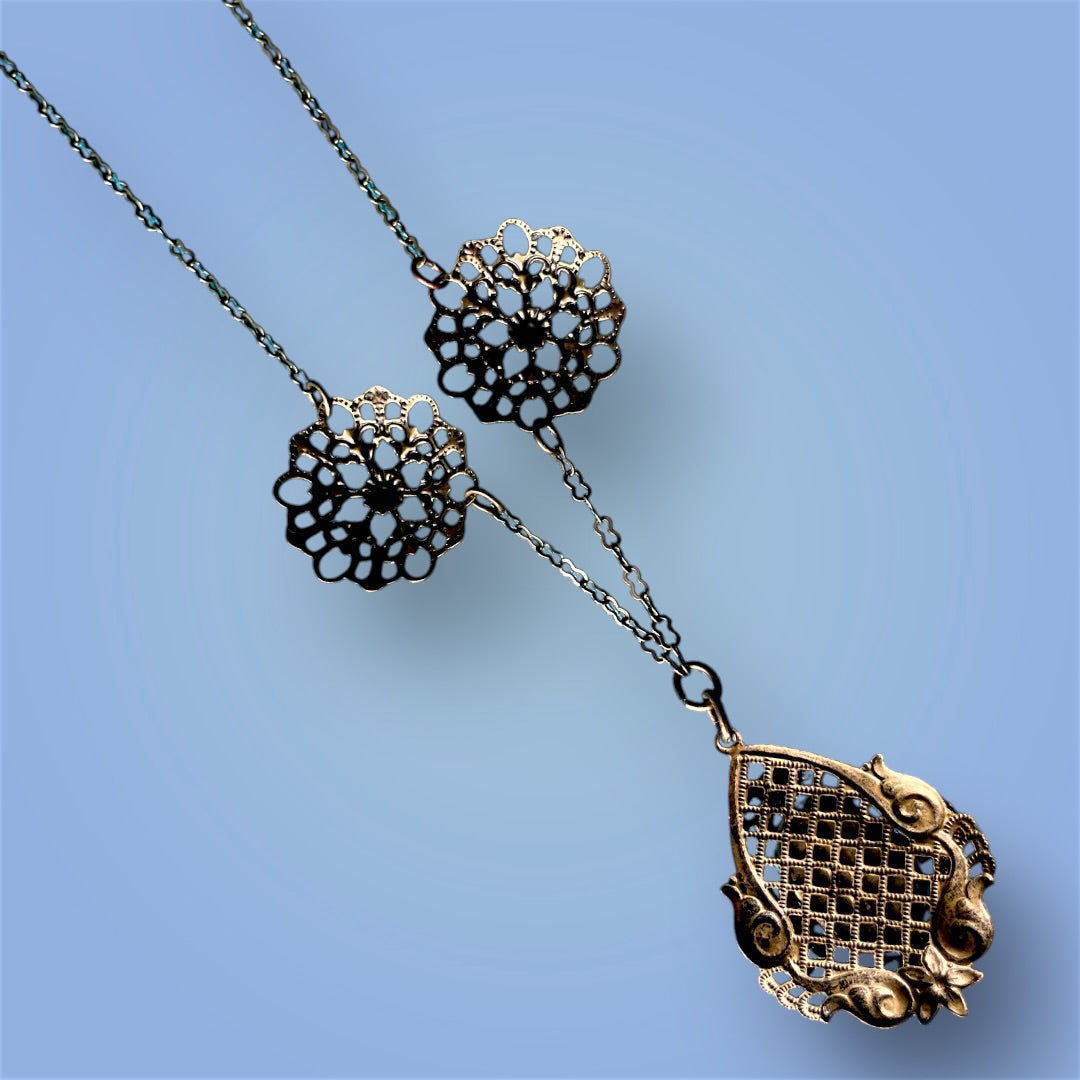 Art Nouveau Czechoslovakian Brass Filigree Royal Blue Crystal Necklace