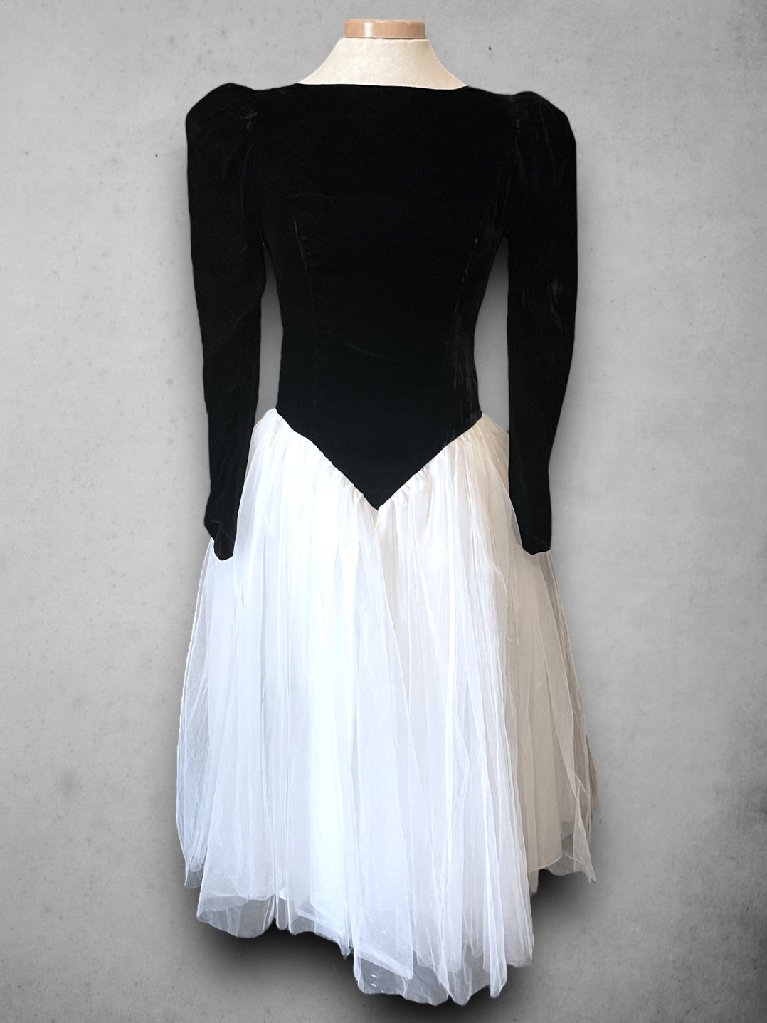 Vintage 1980’s Black Velvet & White Fluffy Bow Skirt Formal Long Sleeve Dress