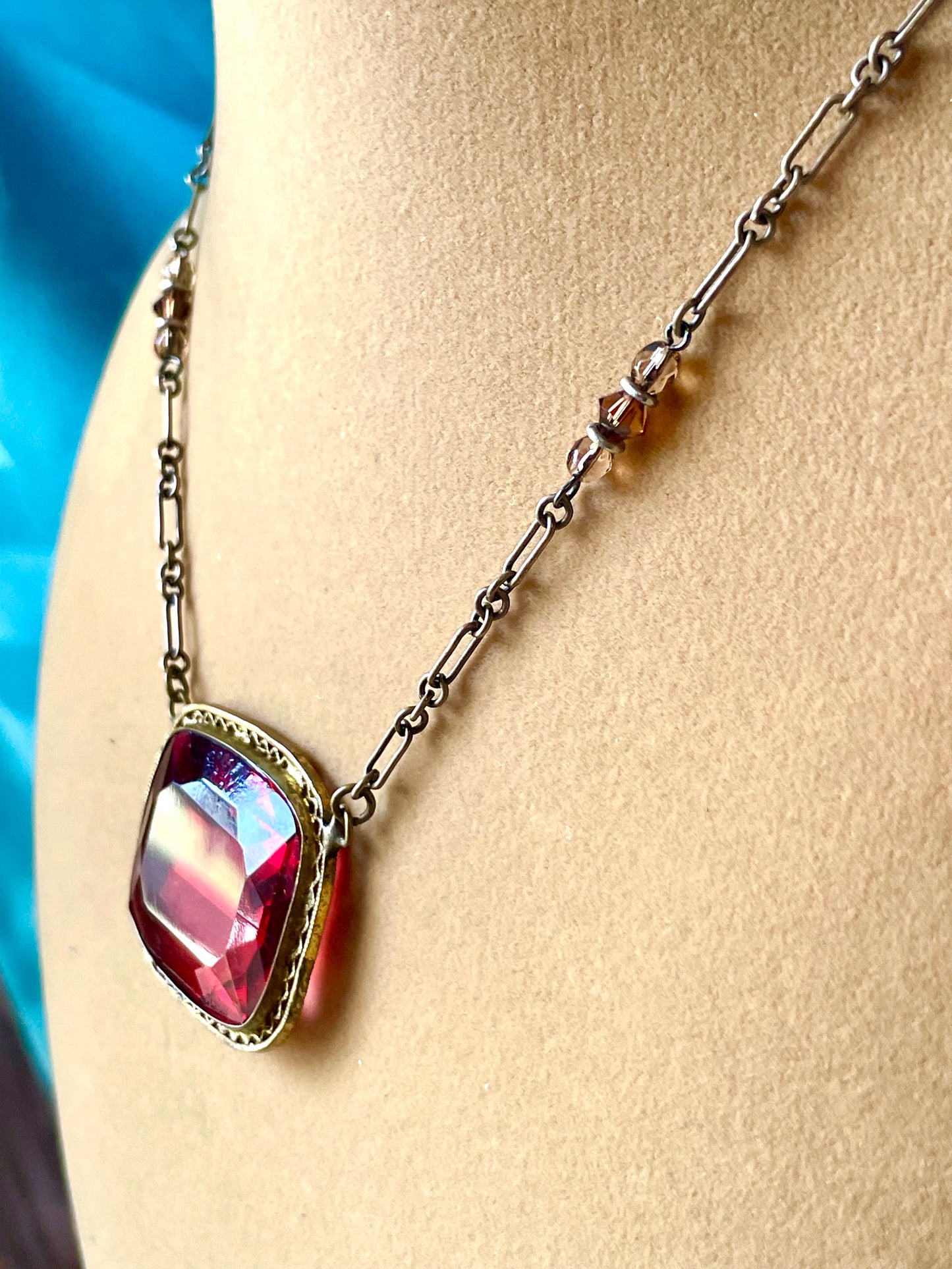 Art Deco Czech Brass Filigree Ruby Red Crystal Choker Necklace