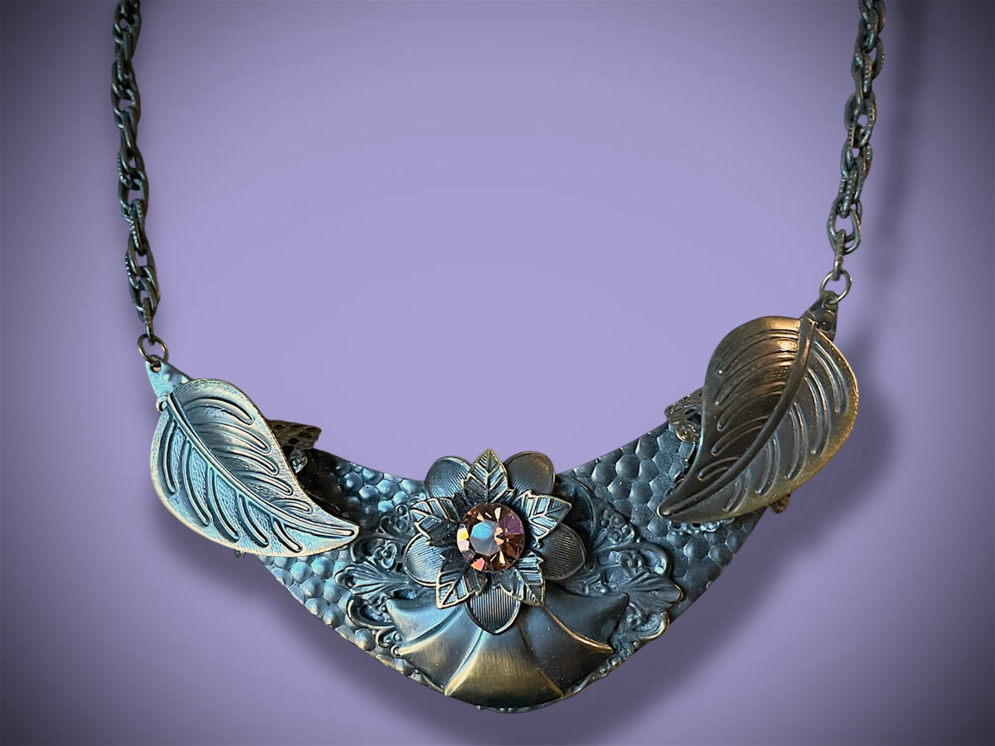 Art Nouveau Hand Hammered Brass & Citrine Crystal Chevron Choker Necklace