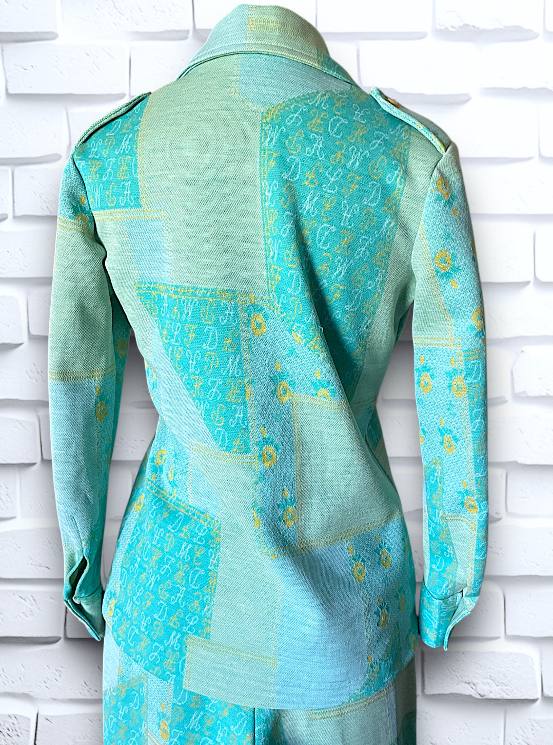 1960’s Teal, Sea Foam Green & Yellow Patchwork & Monogram Pattern Suit Outfit