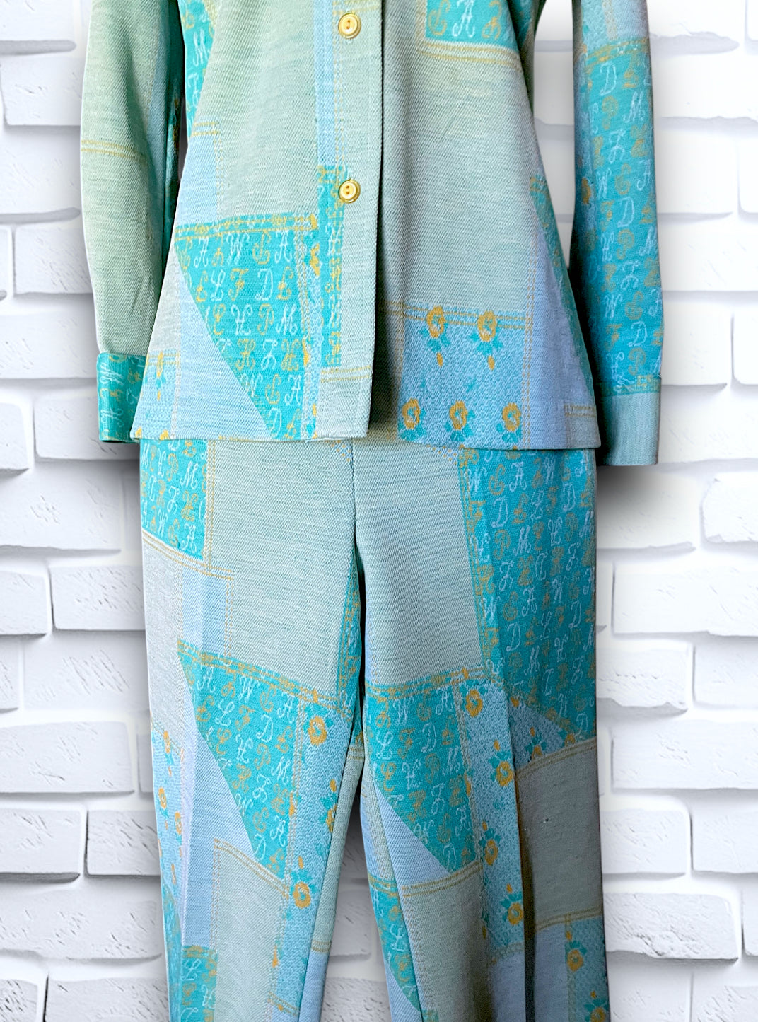 1960’s Teal, Sea Foam Green & Yellow Patchwork & Monogram Pattern Suit Outfit