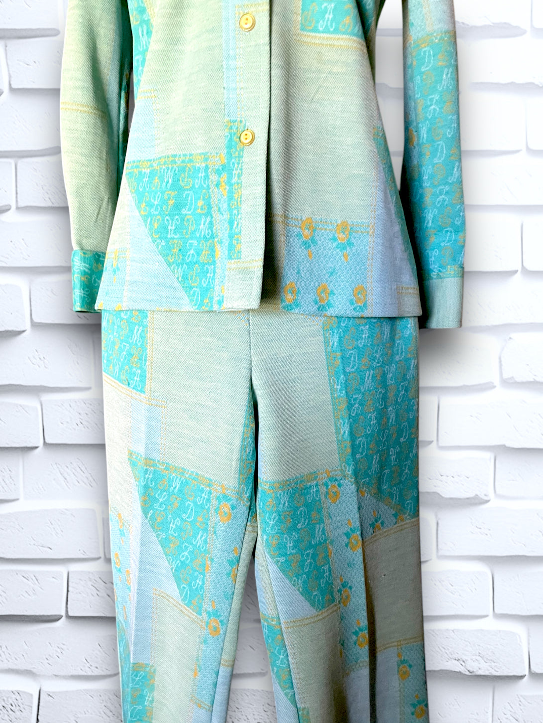 1960’s Teal, Sea Foam Green & Yellow Patchwork & Monogram Pattern Suit Outfit