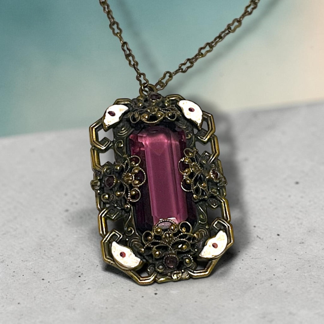 Art Nouveau Neiger Brothers Purple Crystal & Enamel Brass Filigree Necklace