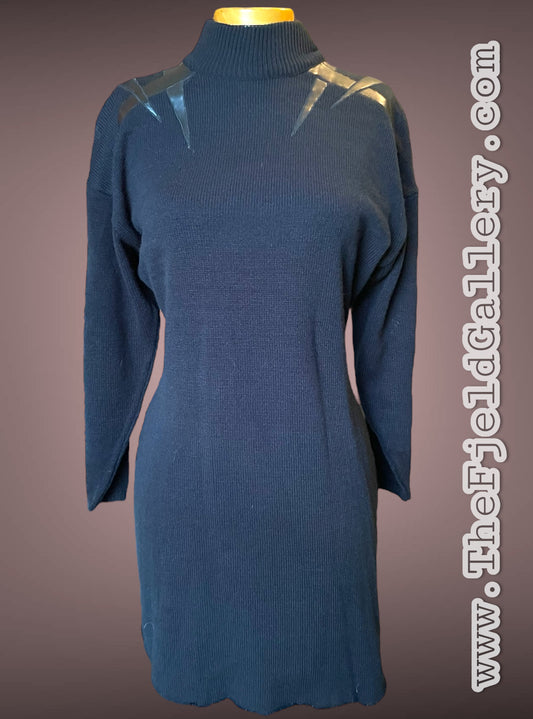 1980’s Amilano Black Sweater Dress w/ Geometric Faux Leather Shoulder Detail